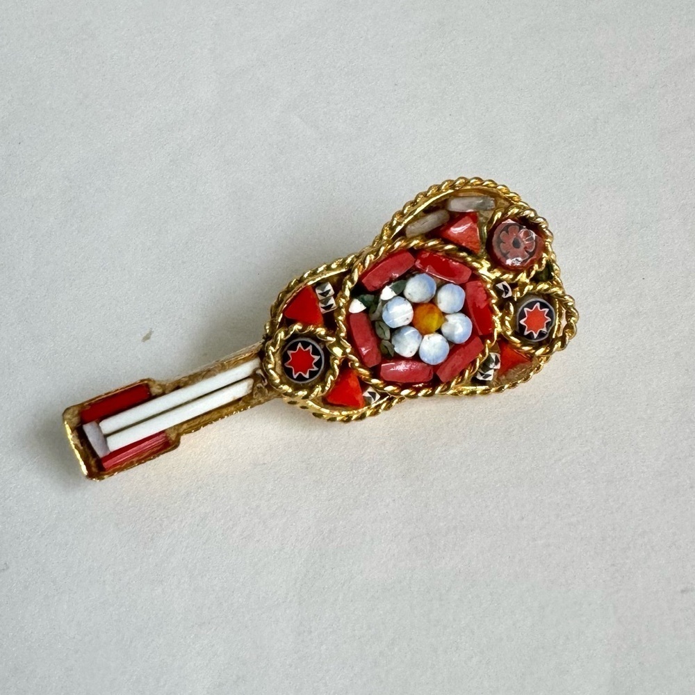 Vintage Micro Mosaic Guitar Brooch Mandolin Instrument Pin Italy Italian Glass - Picture 2 of 9